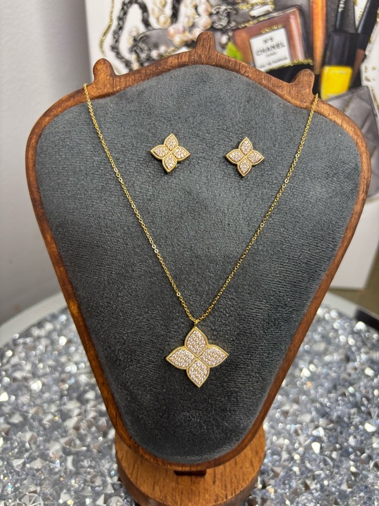 Jewelry - Gold Tone Pave Flower Pendant Necklace and Stud Earrings Set